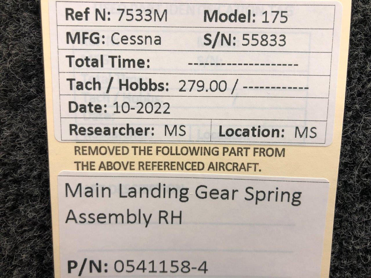Cessna Aircraft Parts 0541158-4 Cessna 175 Main Landing Gear Spring Assembly RH
