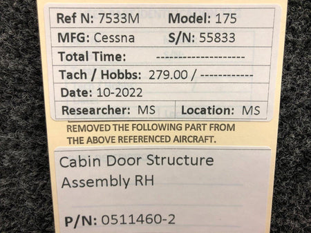 Cessna Aircraft Parts 0511460-2  Cessna 175 Cabin Door Structure Assembly RH