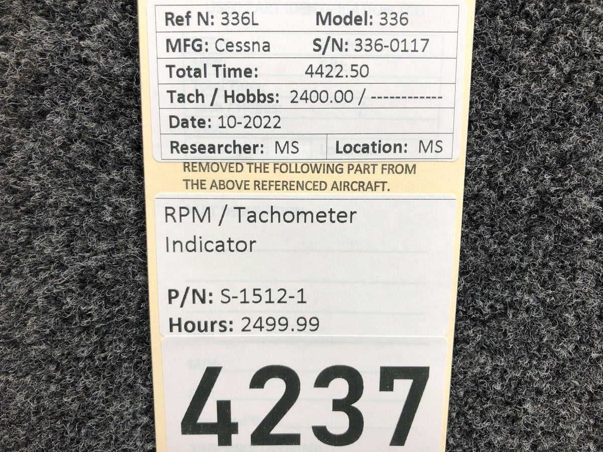 Cessna Aircraft Parts S-1512-1 Cessna 336 RPM / Tachometer Indicator (Hours: 2499.99)