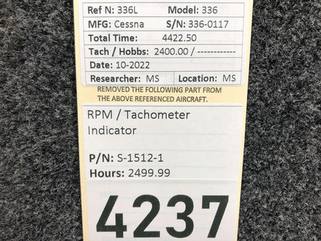 Cessna Aircraft Parts S-1512-1 Cessna 336 RPM / Tachometer Indicator (Hours: 2499.99)