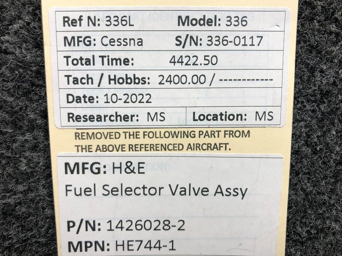 Cessna Aircraft Parts HE744-1 (USE: 1426028-2) H&E Fuel Selector Valve Assembly
