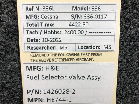 Cessna Aircraft Parts HE744-1 (USE: 1426028-2) H&E Fuel Selector Valve Assembly