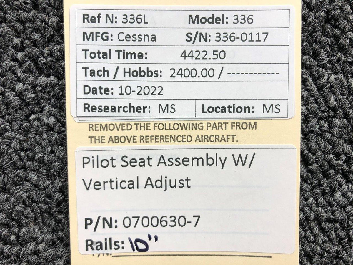 Cessna Aircraft Parts 0700630-7 Cessna 336 Pilot Seat Assembly W/ Vertical Adjust (Rails: 10")