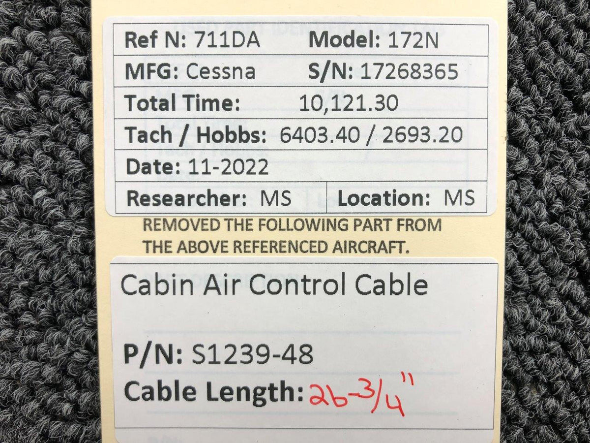 Cessna Aircraft Parts S1239-48 Cessna 172N Cabin Air Control Cable Assembly (Length: 26-3/4")