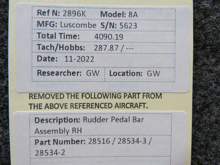 Luscombe 28516, 28534-3, 28534-2 Luscombe 8A Rudder Pedal Bar Assembly RH