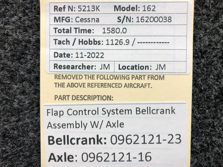 Cessna Aircraft Parts 0962121-23 / 0962121-16 Cessna 162 Flap Control System Bellcrank Assy W/ Axle