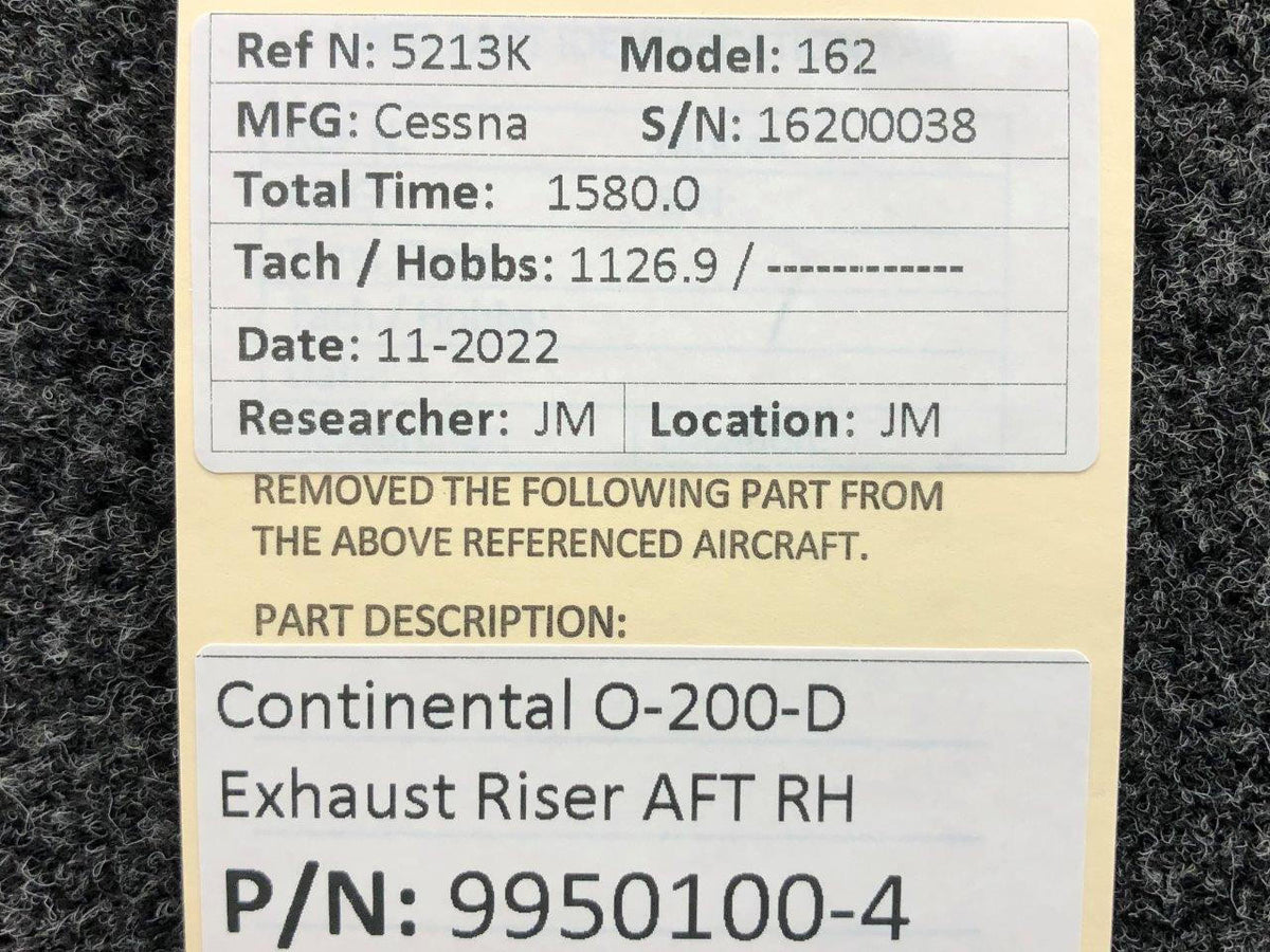 Continental Motors  9950100-4 Continental O-200-D Exhaust Riser AFT RH
