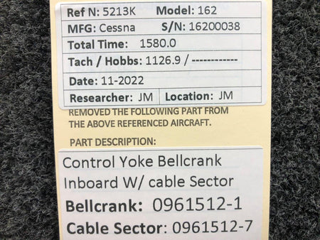 Cessna Aircraft Parts 0961512-1 / 0961512-7 Cessna 162 Control Yoke Bellcrank Inboard W/ Cable Sector
