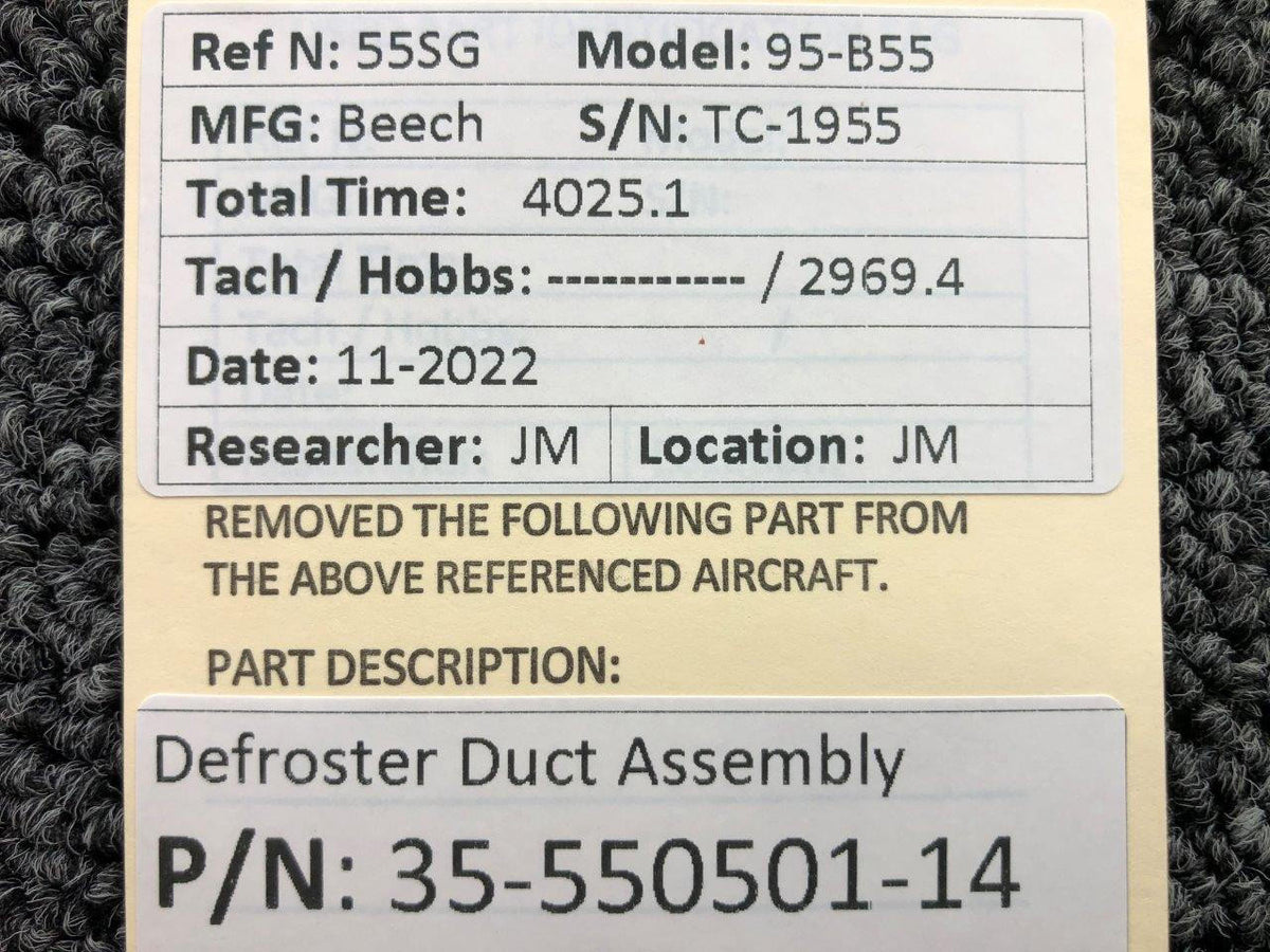 Beechcraft Parts 35-550501-14 Beechcraft 95-B55 Defrost Duct Assembly