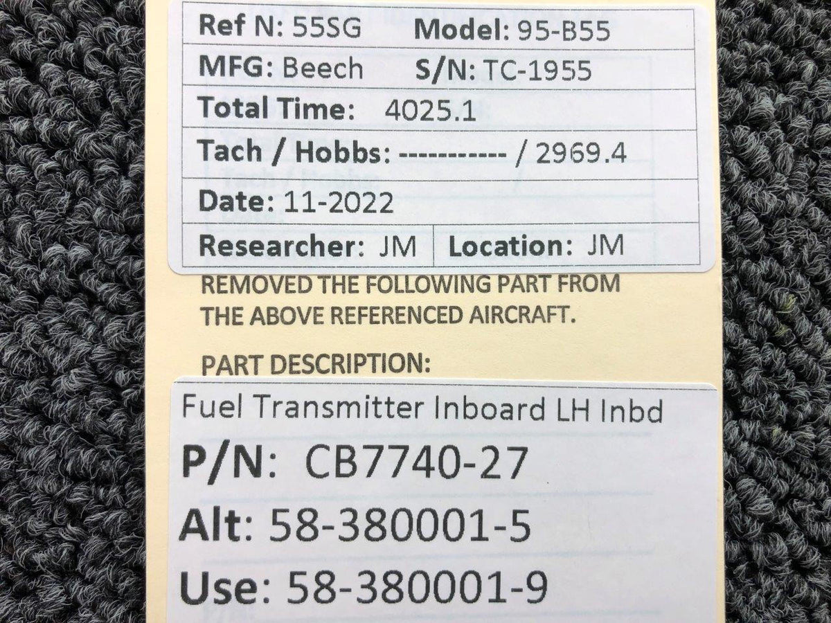 Beechcraft Parts CB7740-27 (ALT: 58-380001-5) Beechcraft 95-B55 Fuel Transmitter Inboard LH