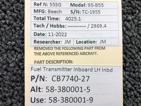 Beechcraft Parts CB7740-27 (ALT: 58-380001-5) Beechcraft 95-B55 Fuel Transmitter Inboard LH