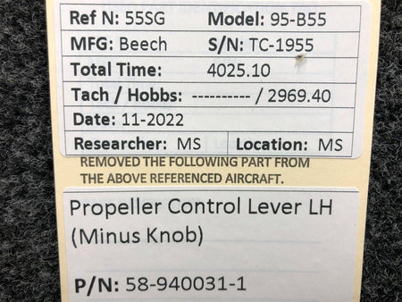 Beechcraft Parts 58-940031-1 Beechcraft 95-B55 Propeller Control Lever LH (Minus Knob)