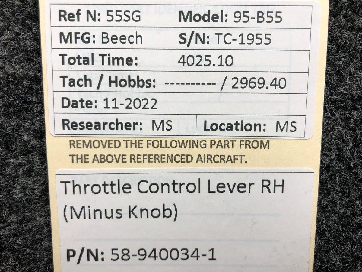 Beechcraft Parts 58-940034-1 Beechcraft 95-B55 Throttle Control Lever RH (Minus Knob)