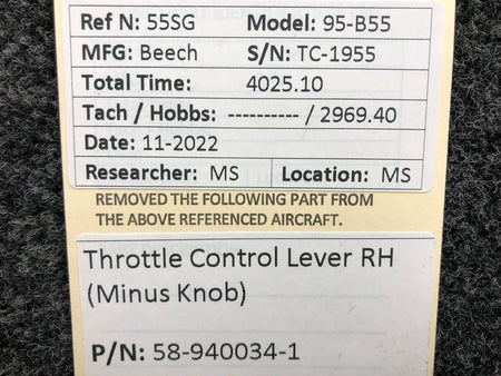 Beechcraft Parts 58-940034-1 Beechcraft 95-B55 Throttle Control Lever RH (Minus Knob)