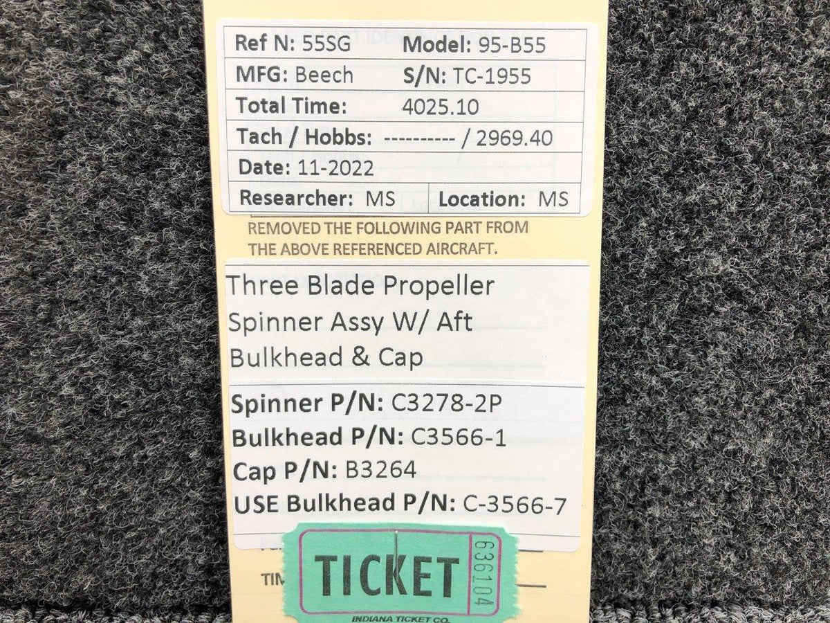Beechcraft Parts C3278-2P / C3566-1 Beech 95-B55 3 Blade Propeller Spinner W/ Bulkhead & Cap