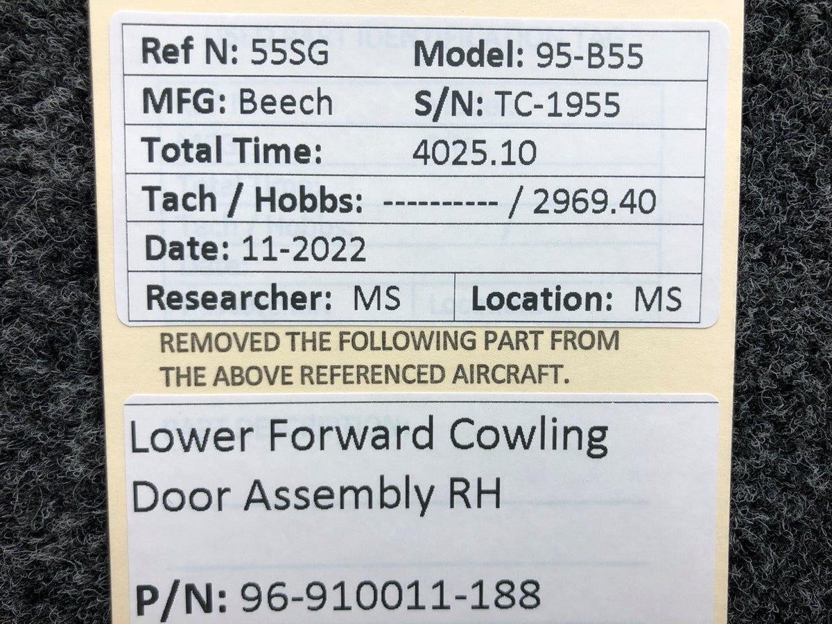 Beechcraft Parts 96-910011-188 Beechcraft 95-B55 Lower Forward Cowling Door Assembly RH