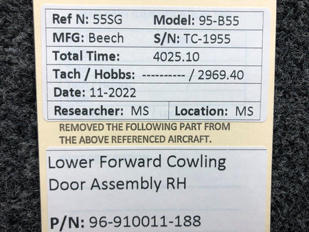 Beechcraft Parts 96-910011-188 Beechcraft 95-B55 Lower Forward Cowling Door Assembly RH
