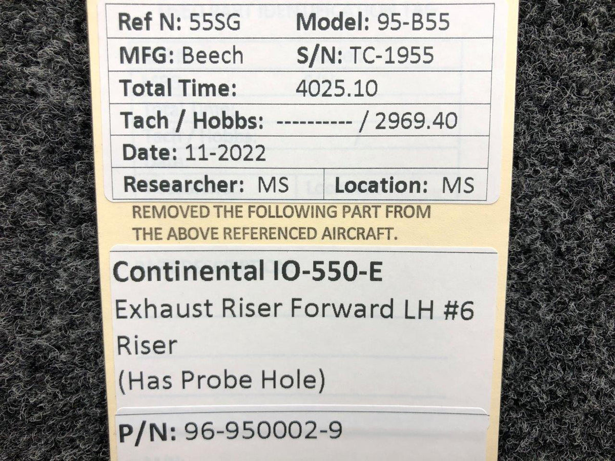 Continental Motors  96-950002-9 Continental IO-550-E Exhaust Riser Forward LH #6 (Probe Hole)