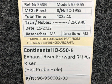 Continental Motors  96-950002-33 Continental IO-550-E Exhaust Riser Forward RH #5 (Probe Hole)