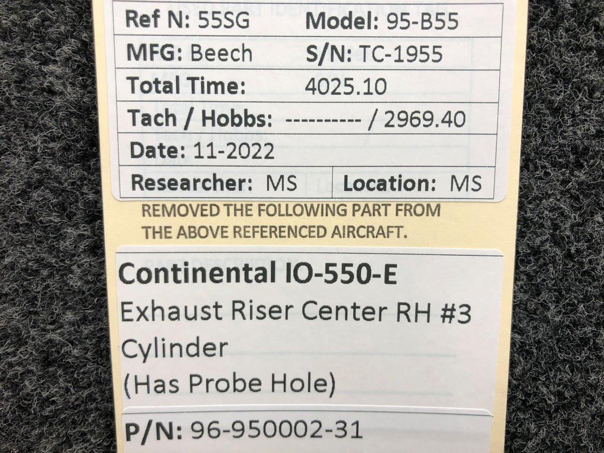 Continental Motors  96-950002-31 Continental IO-550-E Exhaust Riser Center RH #3 (Probe Hole)
