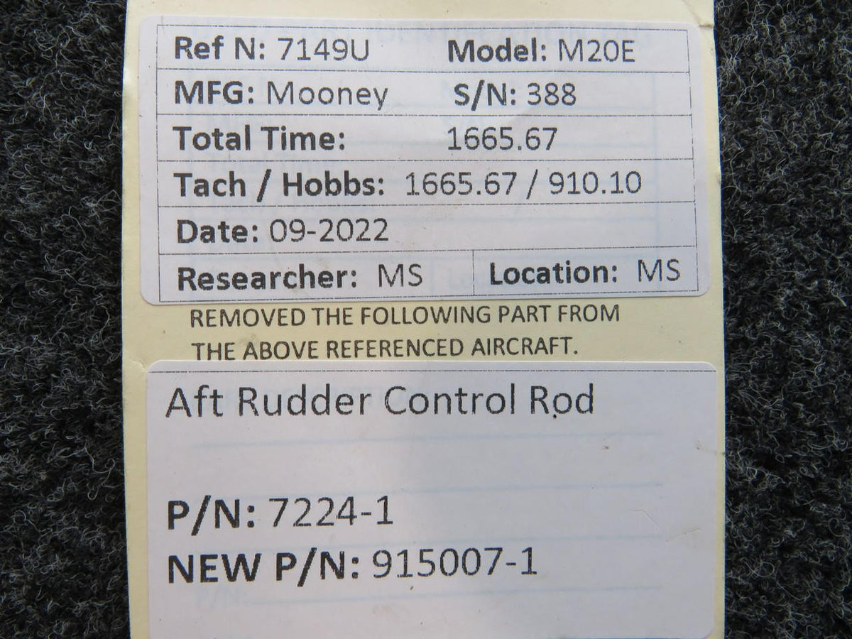 Mooney Aircraft Parts & Accessories 7224-1 (USE: 915007-1) Mooney M20E Rudder Control Rod AFT