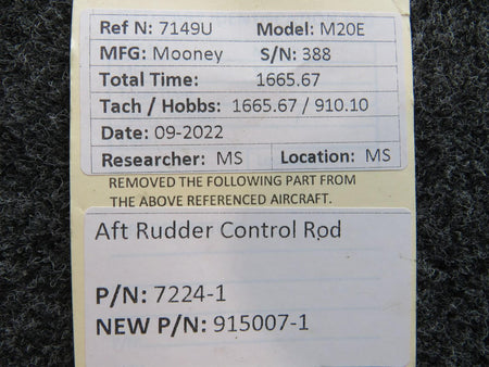 Mooney Aircraft Parts & Accessories 7224-1 (USE: 915007-1) Mooney M20E Rudder Control Rod AFT