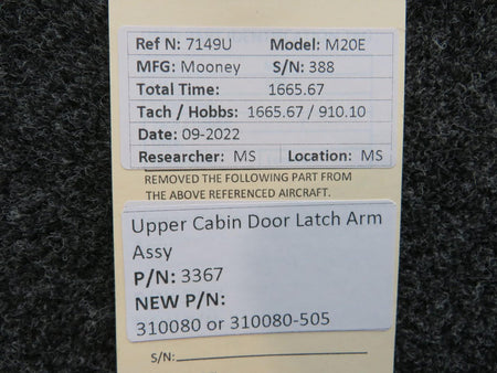 Mooney Aircraft Parts & Accessories 3367 (USE: 310080) Mooney M20E Upper Cabin Door Latch Arm Assembly
