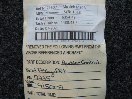 Mooney Aircraft Parts & Accessories 7235 (USE: 915009) Mooney M20B Rudder Control Rod Assembly AFT