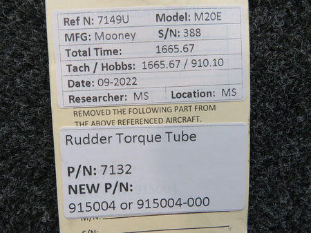 Mooney Aircraft Parts & Accessories 7132 (USE: 915004-000) Mooney M20E Rudder Torque Tube
