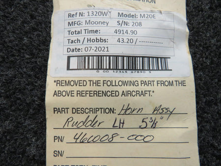 Mooney Aircraft Parts & Accessories 460008-000 Mooney M20E Rudder Horn Assembly (Length: 5-3/8")