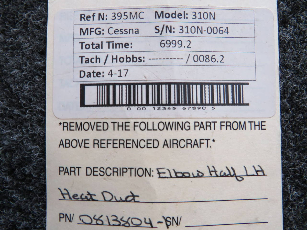 0813804-1 Cessna 310N Elbow Half LH Duct Heat BAS Part Sales | Airplane Parts