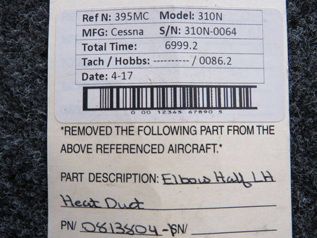 0813804-1 Cessna 310N Elbow Half LH Duct Heat BAS Part Sales | Airplane Parts