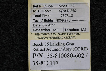 Beechcraft Parts 35-810080-602 / 35-810117 Beech 35 Landing Gear Retract Actuator Assy (CORE)