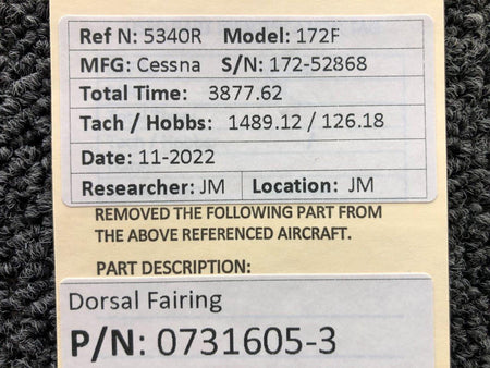 Cessna Aircraft Parts 0731605-3 Cessna 172F Dorsal Fairing