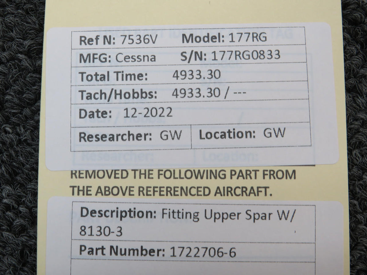 Cessna Aircraft Parts 1722706-6 Cessna 177RG Fitting Upper Spar W/ 8130-3 & PAI-PT-1