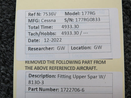Cessna Aircraft Parts 1722706-6 Cessna 177RG Fitting Upper Spar W/ 8130-3 & PAI-PT-1