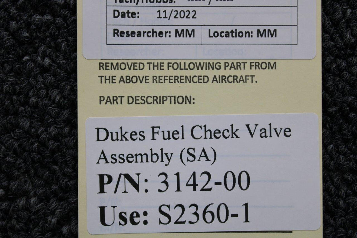 Dukes 3142-00 (USE: S2360-1) Dukes Fuel Check Valve Assembly (SA)