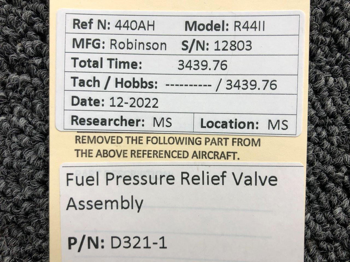 Robinson Helicopter & Airplane Parts D321-1 Robinson R44II Fuel Pressure Relief Valve Assembly
