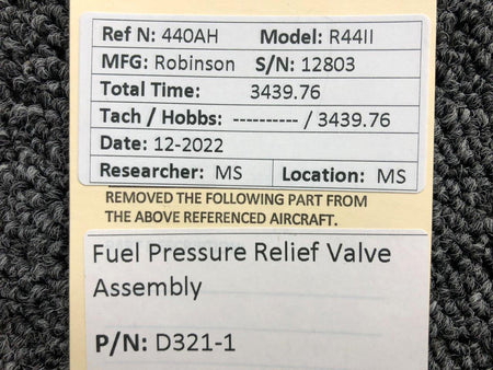 Robinson Helicopter & Airplane Parts D321-1 Robinson R44II Fuel Pressure Relief Valve Assembly
