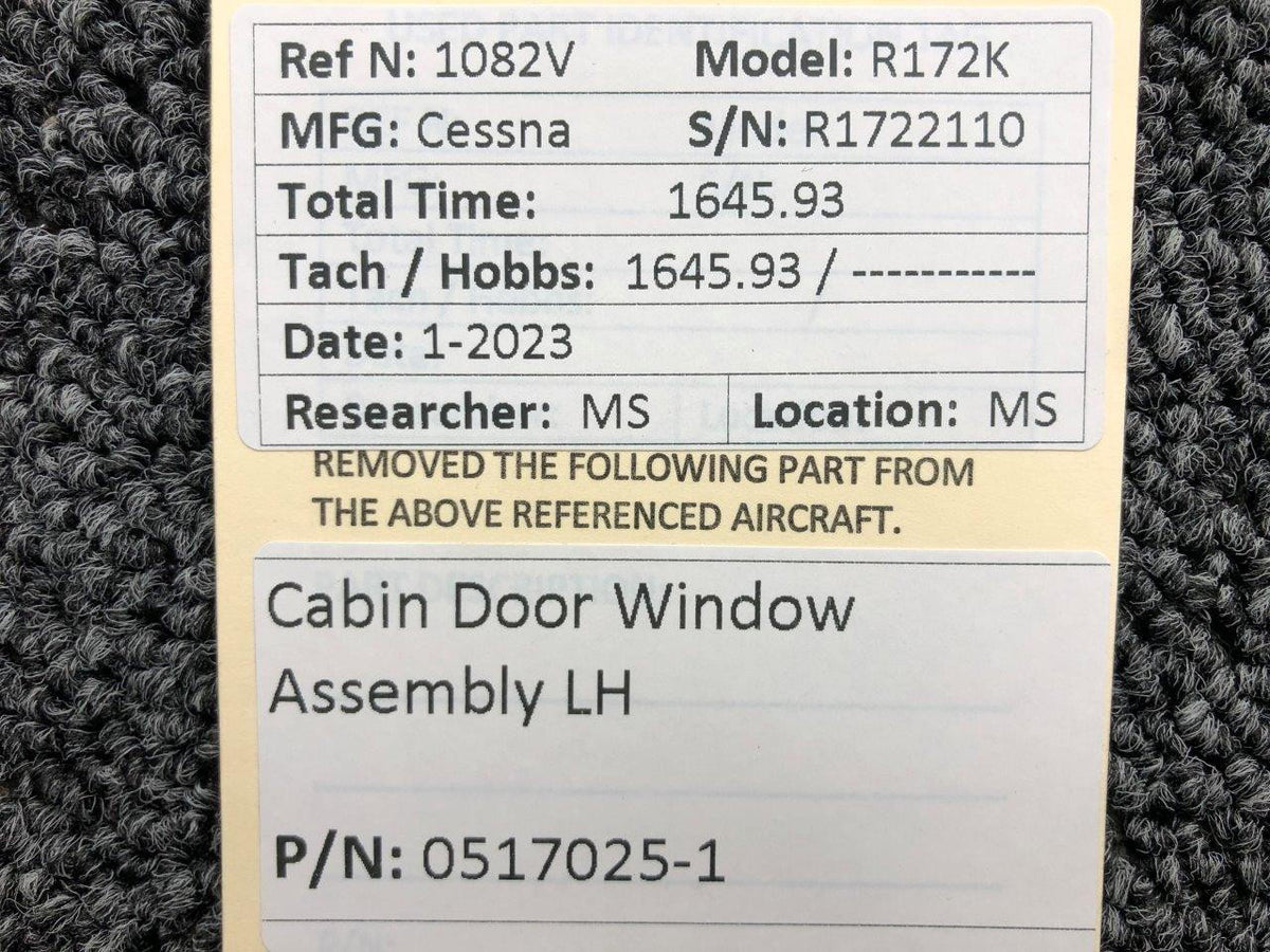Cessna Aircraft Parts 0517025-1 Cessna R172K Cabin Door Window Assembly LH (Clear)