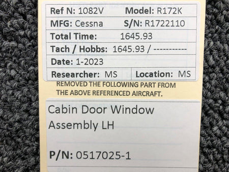 Cessna Aircraft Parts 0517025-1 Cessna R172K Cabin Door Window Assembly LH (Clear)