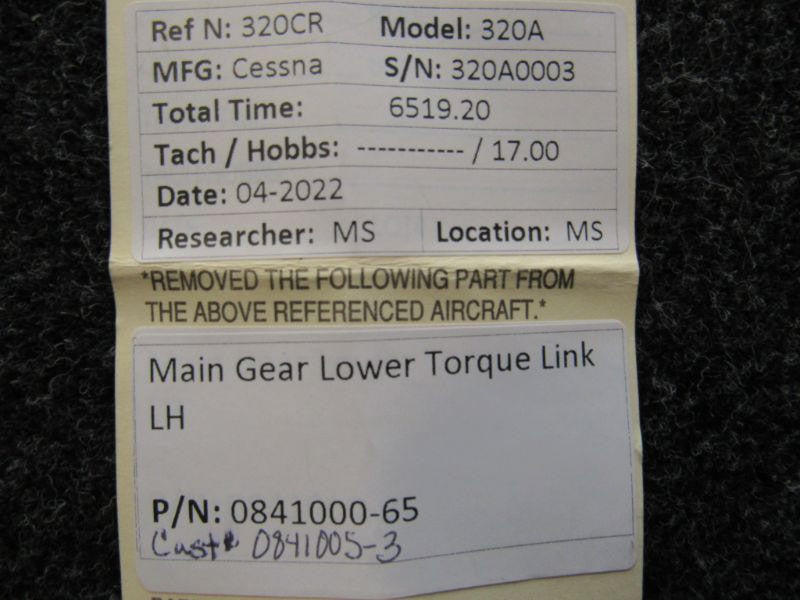 Cessna Aircraft Parts 0841000-65 (Cast: 0841005-3) Cessna 320A Main Gear Torque Link Lower LH