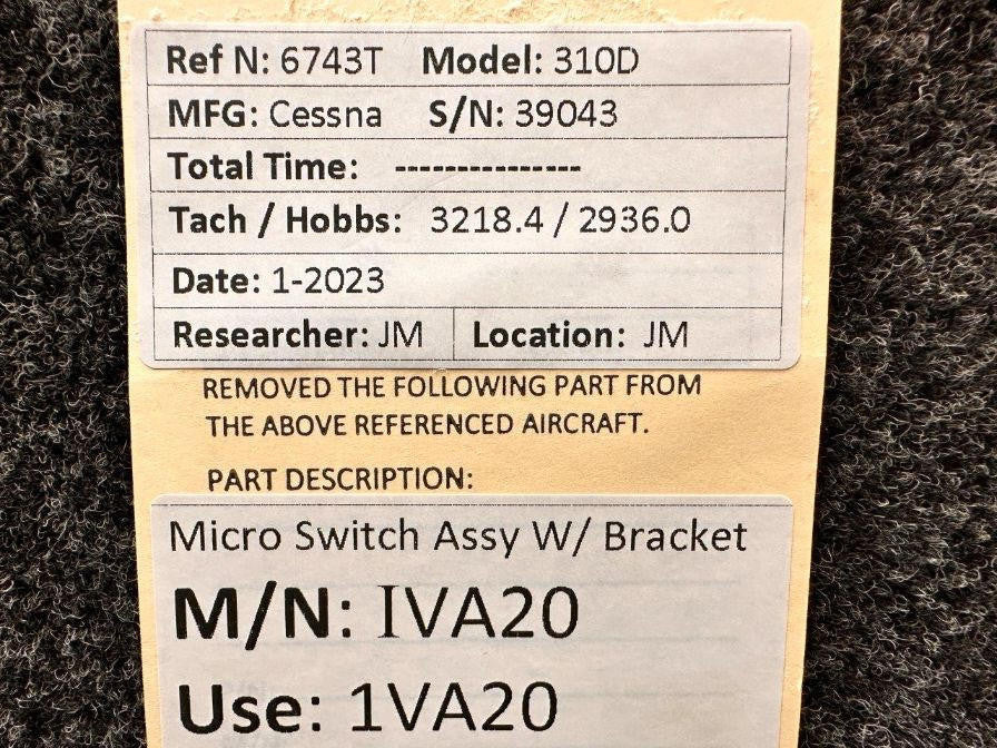 Cessna Aircraft Parts IVA20 (USE: 1VA20) Cessna 310D Micro Switch Assembly W/ Bracket