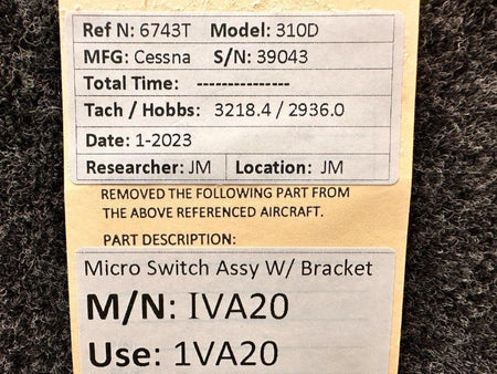 Cessna Aircraft Parts IVA20 (USE: 1VA20) Cessna 310D Micro Switch Assembly W/ Bracket