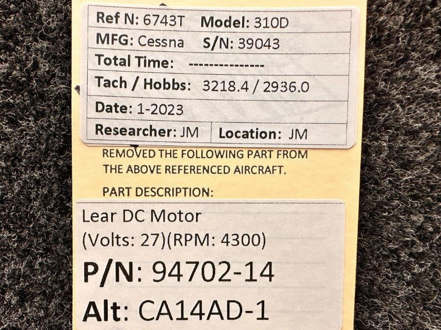 Lear Inc. 94702-14 (ALT: CA14AD-1) Lear DC Motor (Volts: 27)