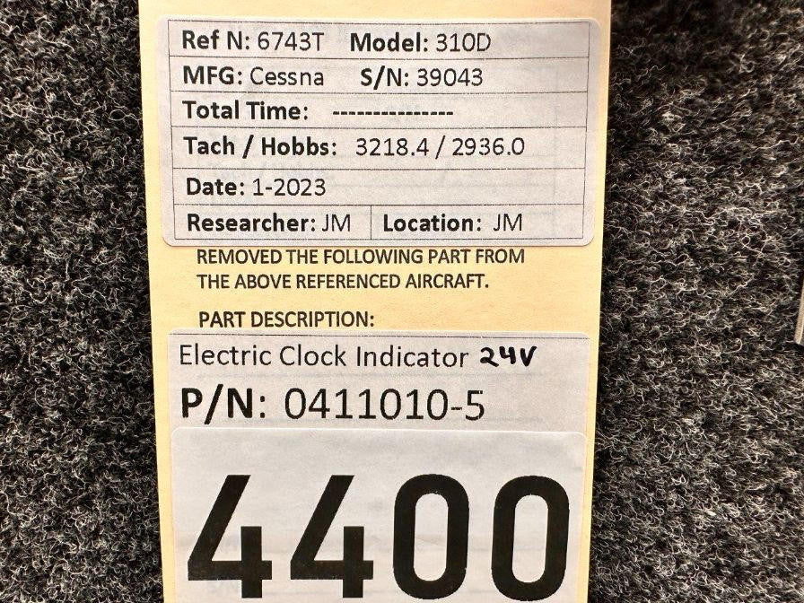 Cessna Aircraft Parts 0411010-5 Cessna 310D Electric Clock Indicator (Volts: 24)