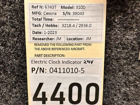 Cessna Aircraft Parts 0411010-5 Cessna 310D Electric Clock Indicator (Volts: 24)
