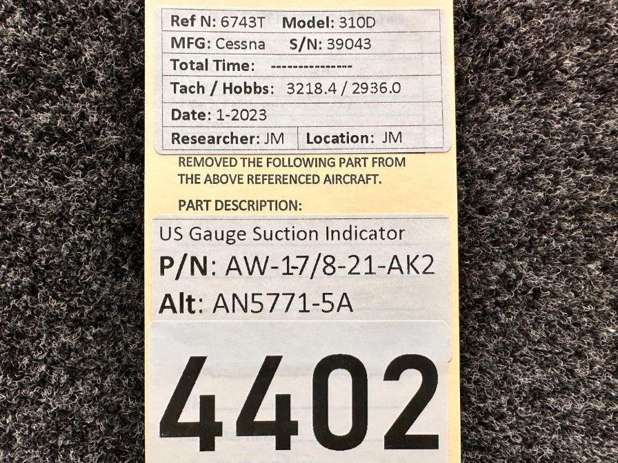 US Gauge AW-1-7/8-21-AK2 (Alt: AN5771-5A) US Gauge Suction Indicator