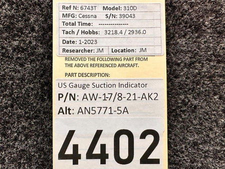 US Gauge AW-1-7/8-21-AK2 (Alt: AN5771-5A) US Gauge Suction Indicator