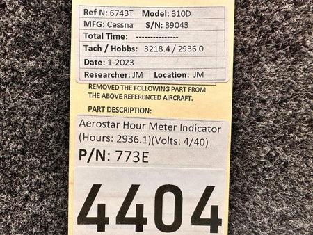 Aerostar 773E Aerostar Hour Meter Indicator (Hours: 2936.1) (Volts: 4-40)